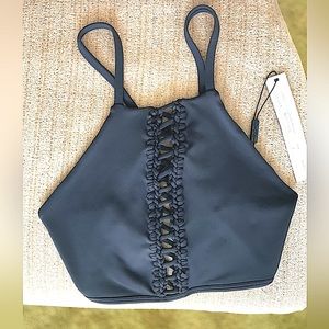 NEW! Indah BODY Danish Solid High Neck Top w/ Macrame In Tech Black Size 2 $70